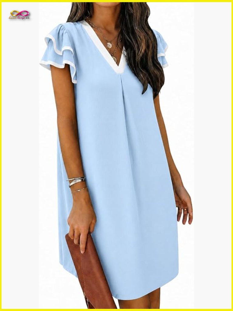 Ruffle Sleeve Shift Dress Flowy Loose Fit V Neck Summer Vacation